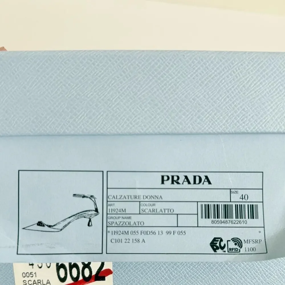 Prada Scarlet Red Leather Logo Plaque pointed toe ankle strap pumps EU 40